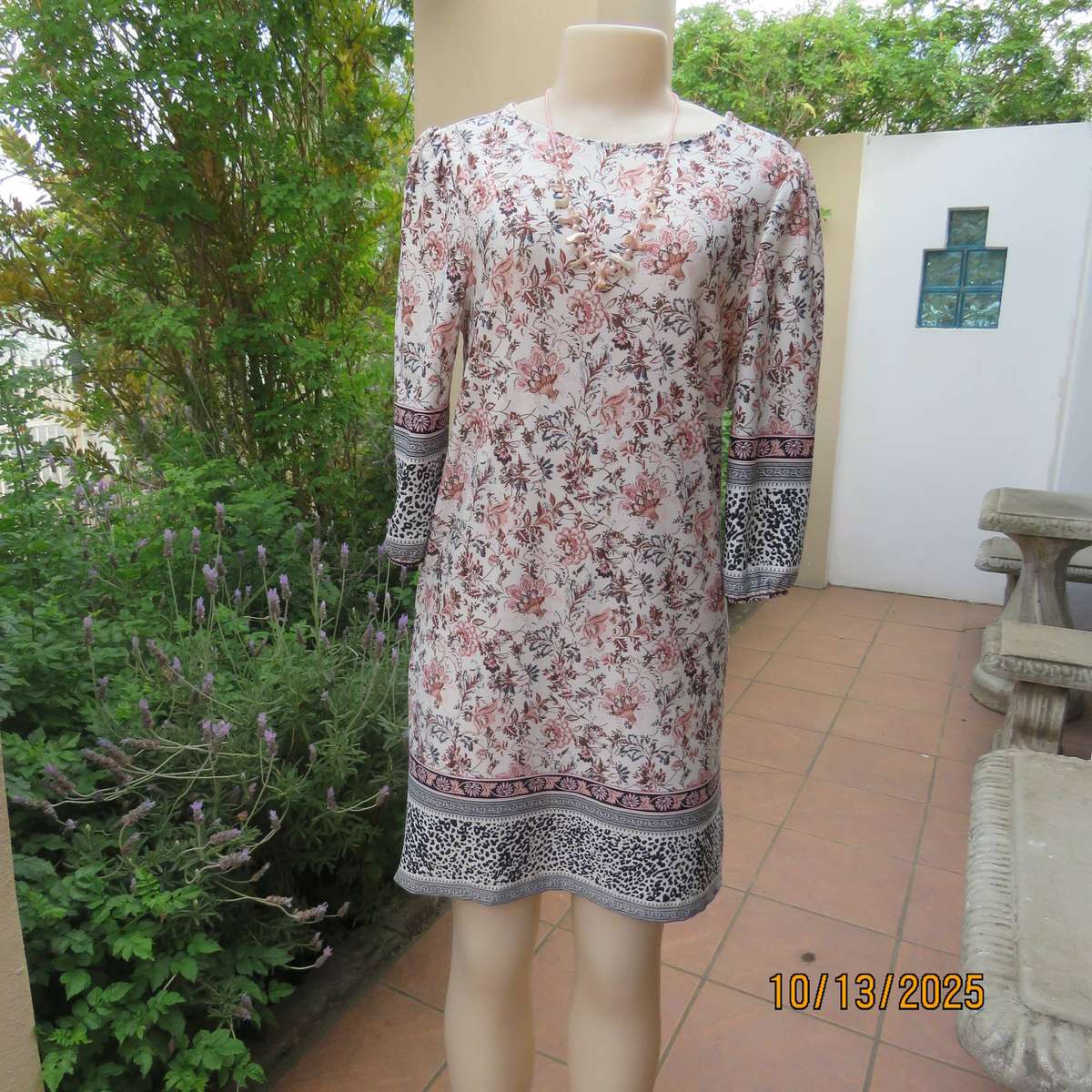 REAL Basics polyester stretch cream with crimson-brown floral print dress size 34