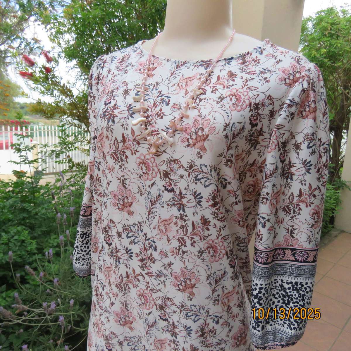 REAL Basics polyester stretch cream with crimson-brown floral print dress size 34