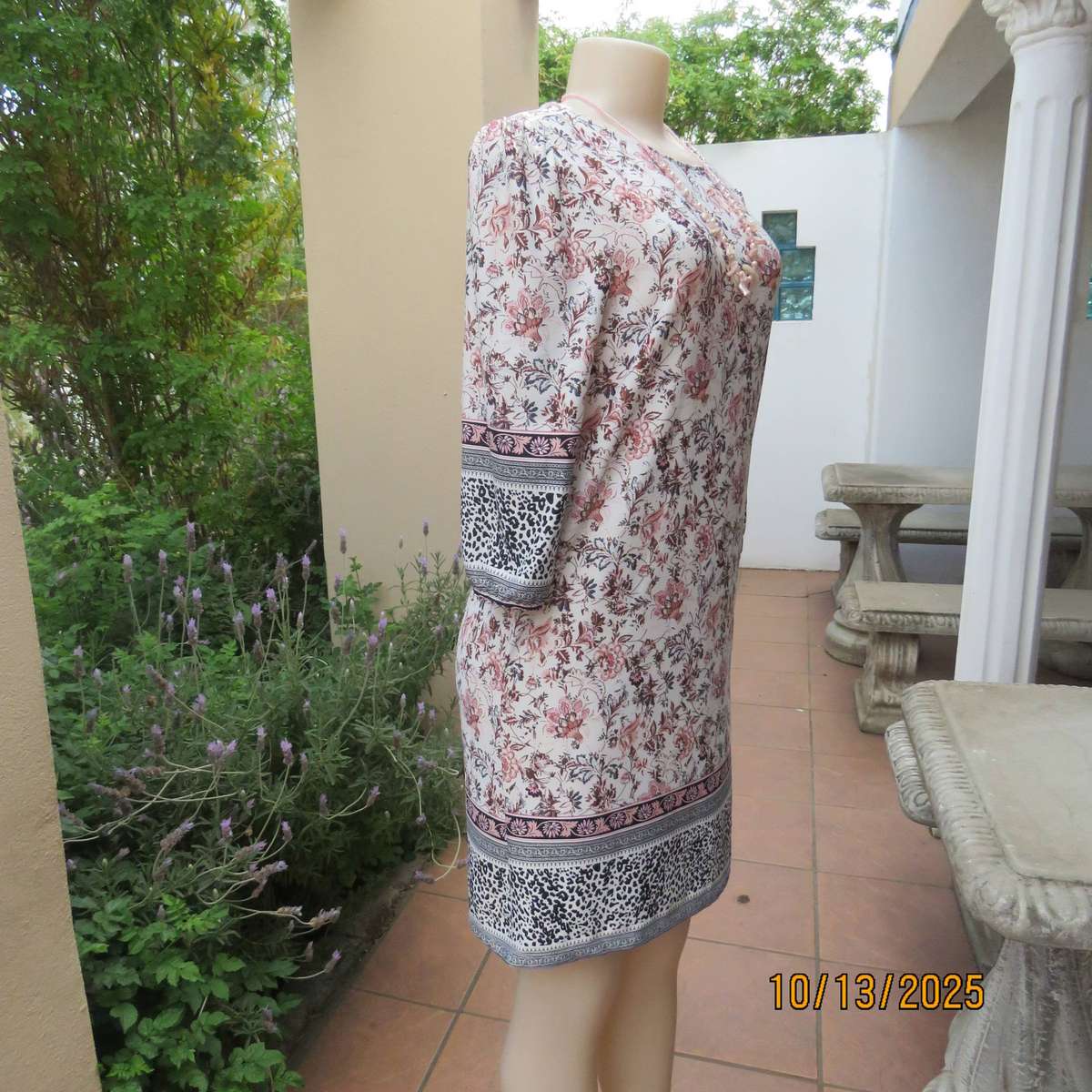 REAL Basics polyester stretch cream with crimson-brown floral print dress size 34