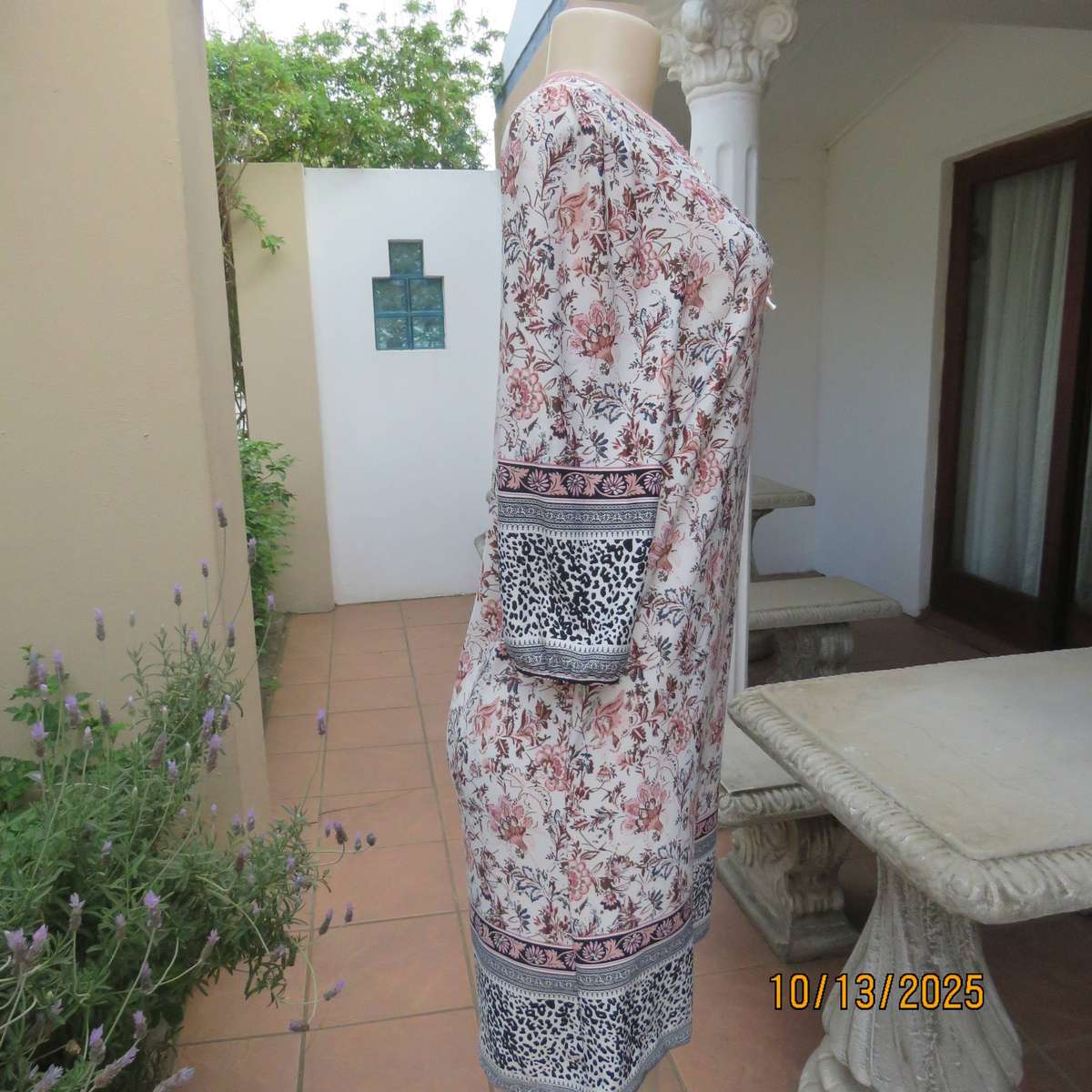 REAL Basics polyester stretch cream with crimson-brown floral print dress size 34