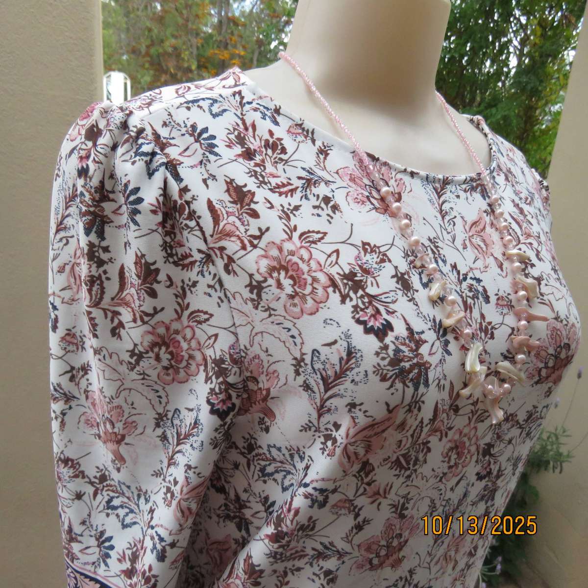 REAL Basics polyester stretch cream with crimson-brown floral print dress size 34
