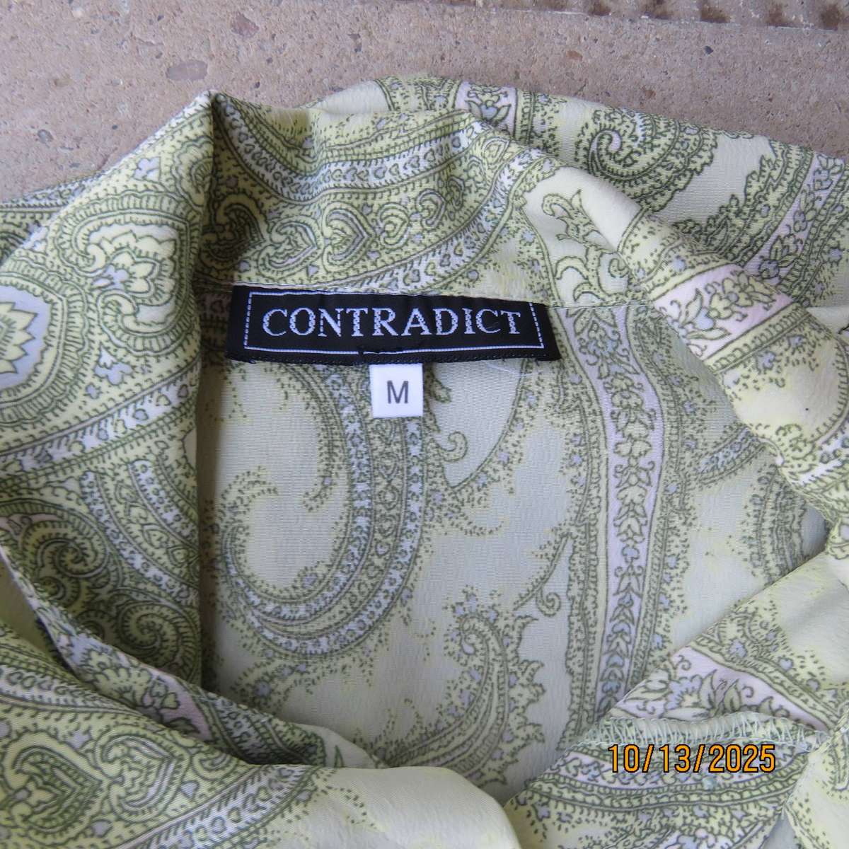 CONTRADICT mint green polyester long sleeve top with darker paisley print in size 40