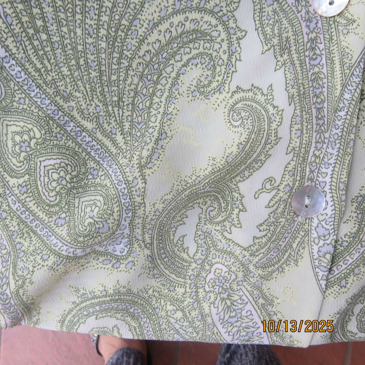 CONTRADICT mint green polyester long sleeve top with darker paisley print in size 40