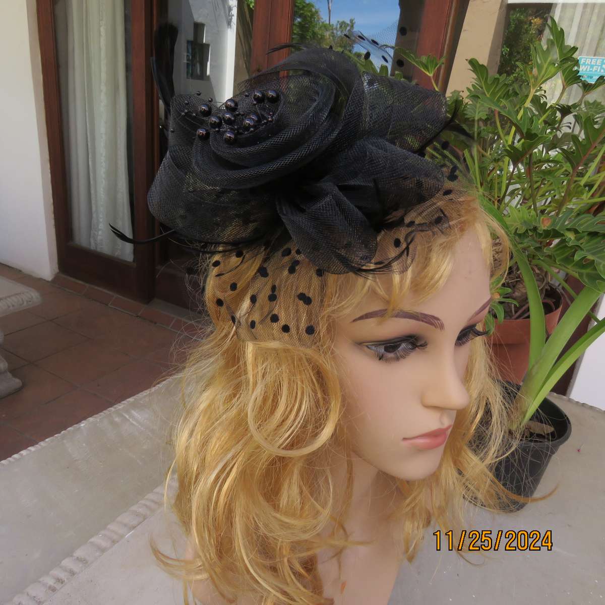 Beautiful black mesh floral-veil-feathers-beads fascinator with satin alice band and clip. New item