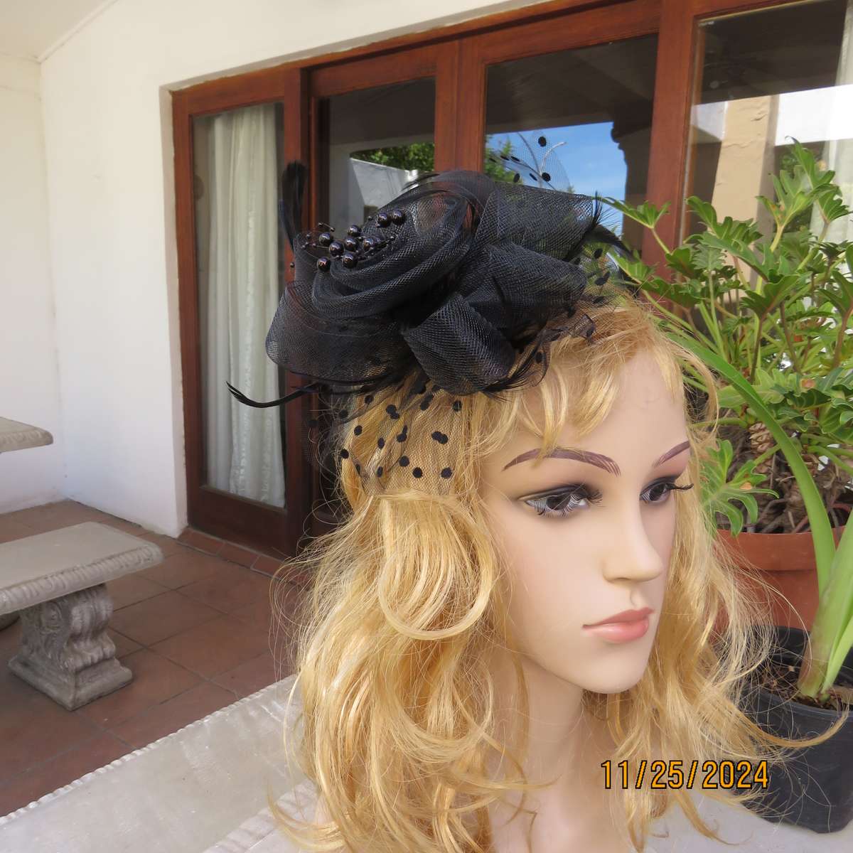 Beautiful black mesh floral-veil-feathers-beads fascinator with satin alice band and clip. New item