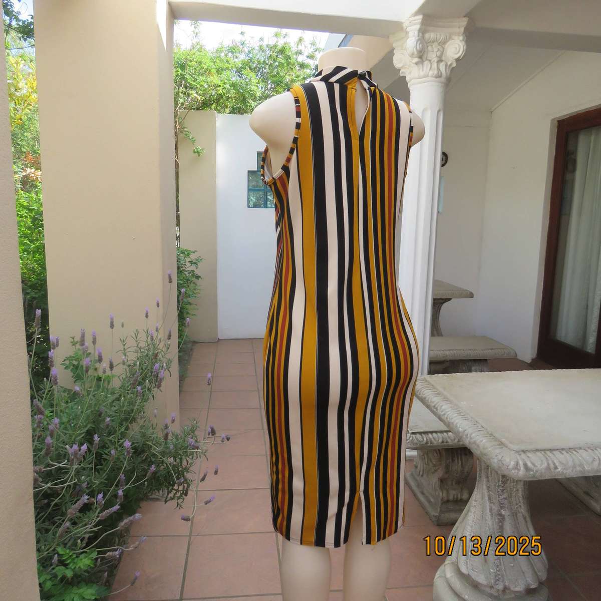 IQ vertical autumn colour striped bodycon sleeveless polyester stretch dress size 34