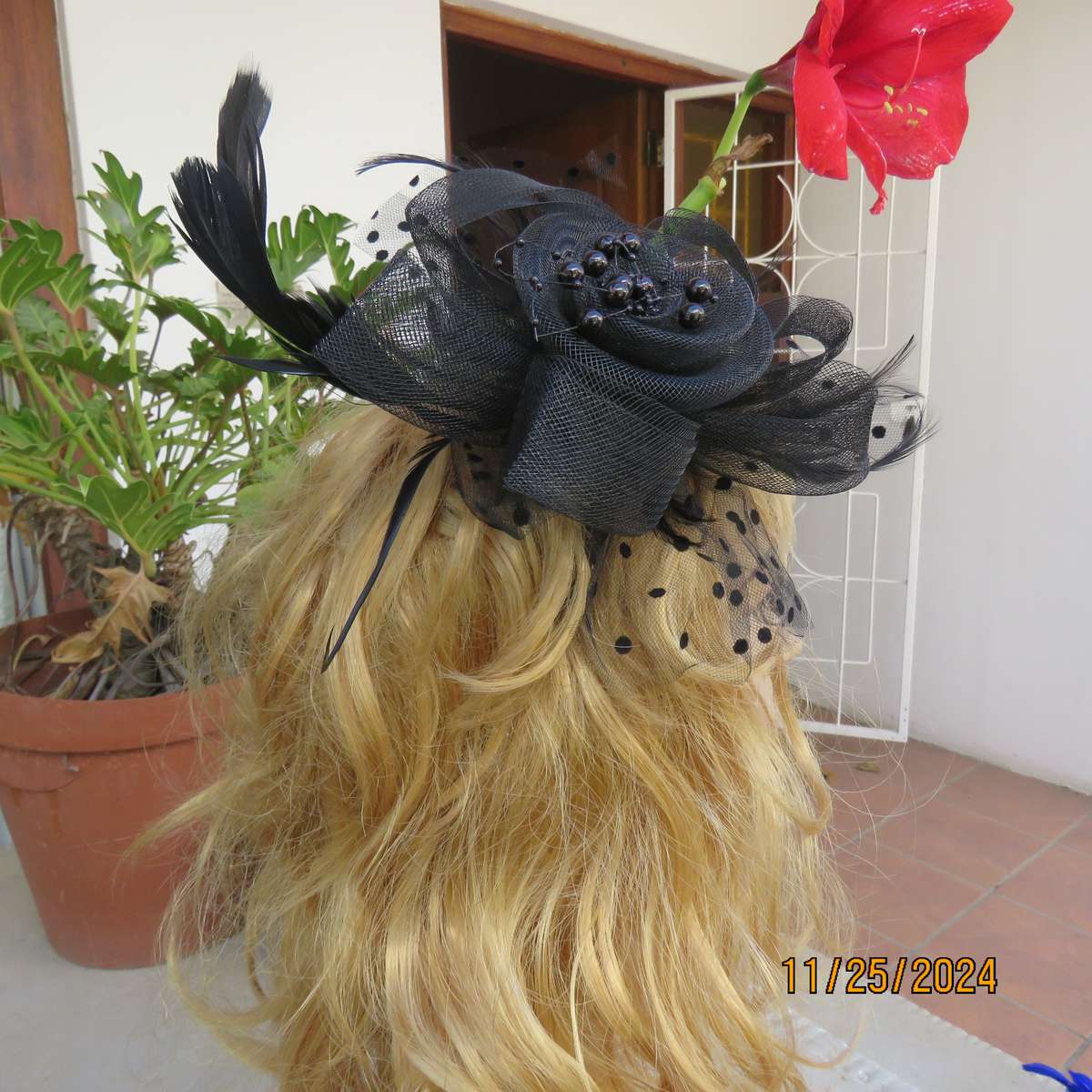 Beautiful black mesh floral-veil-feathers-beads fascinator with satin alice band and clip. New item