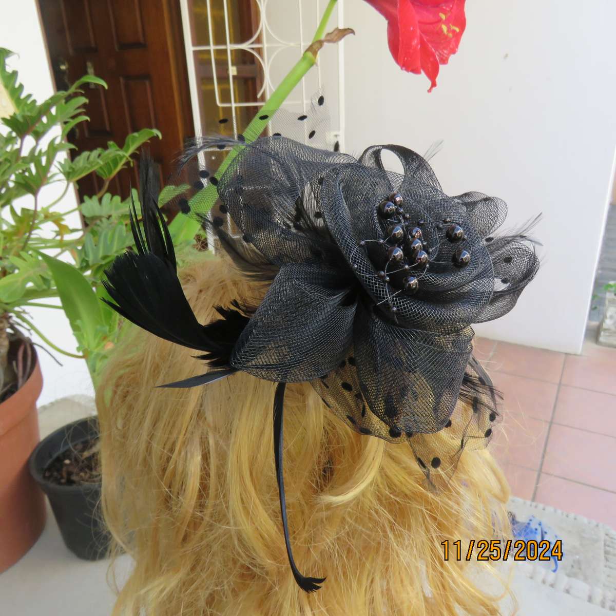 Beautiful black mesh floral-veil-feathers-beads fascinator with satin alice band and clip. New item