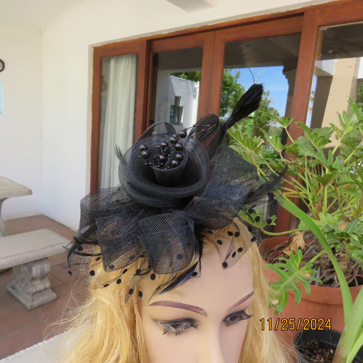 Beautiful black mesh floral-veil-feathers-beads fascinator with satin alice band and clip. New item