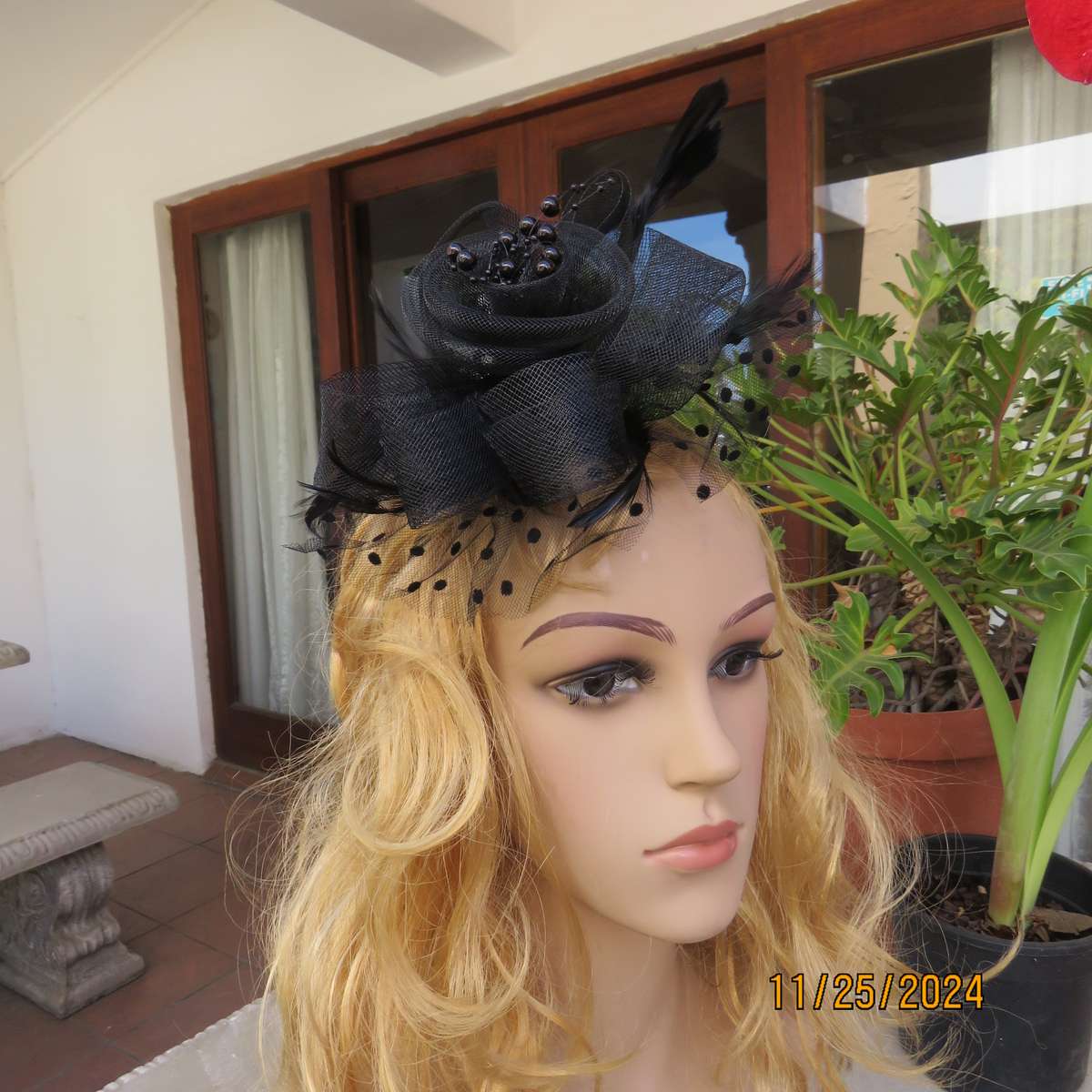 Beautiful black mesh floral-veil-feathers-beads fascinator with satin alice band and clip. New item