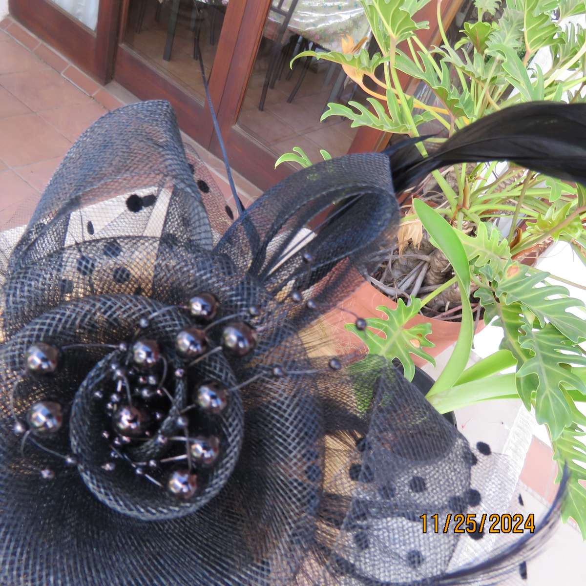 Beautiful black mesh floral-veil-feathers-beads fascinator with satin alice band and clip. New item