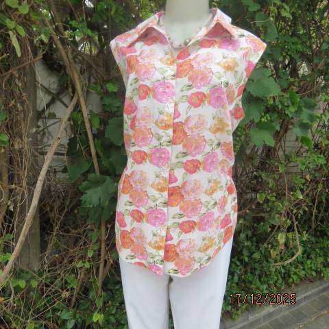 WOOLWORTHS white cotton-voile sleeveless button down top with pink-peach flowers. Size 44