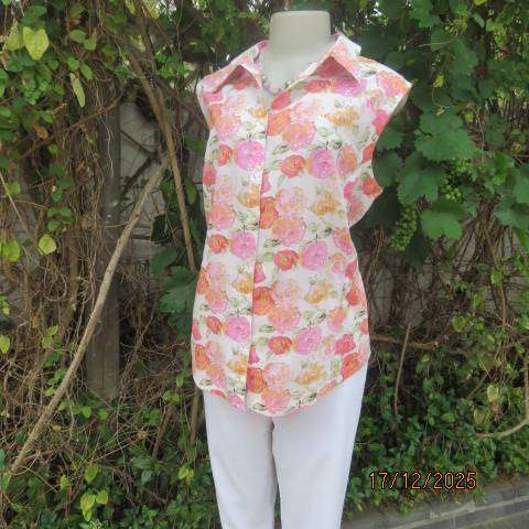 WOOLWORTHS white cotton-voile sleeveless button down top with pink-peach flowers. Size 44