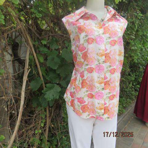 WOOLWORTHS white cotton-voile sleeveless button down top with pink-peach flowers. Size 44