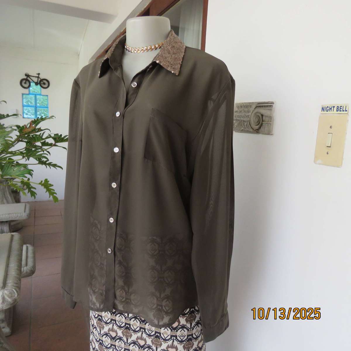 Chocolate brown sheer button down top with sequined collar. Size 40.