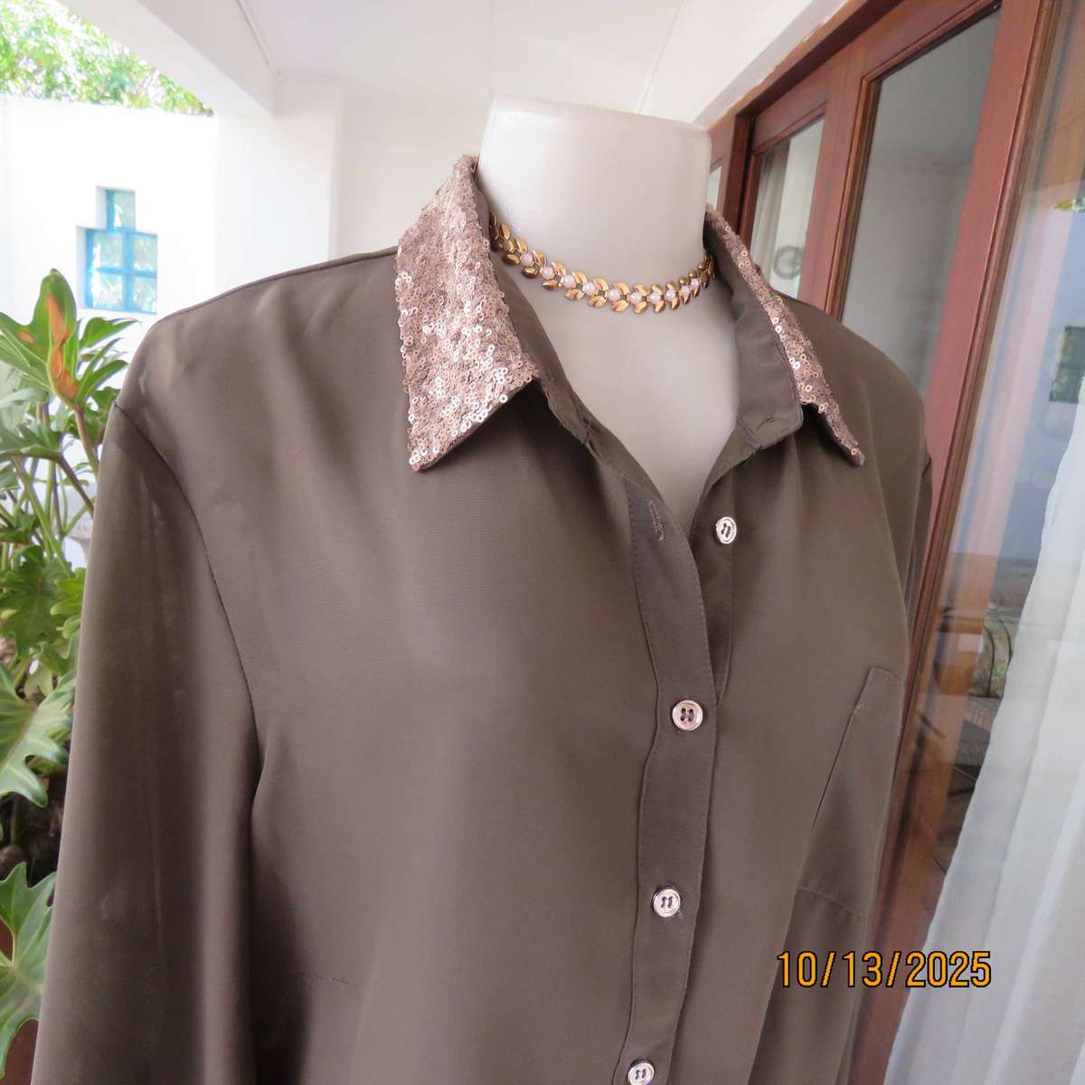Chocolate brown sheer button down top with sequined collar. Size 40.