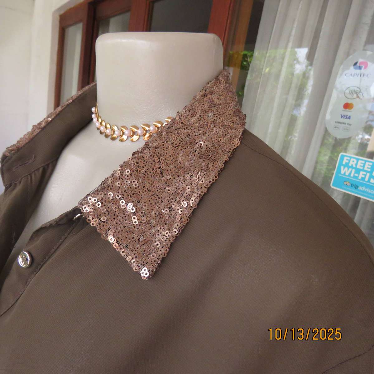 Chocolate brown sheer button down top with sequined collar. Size 40.