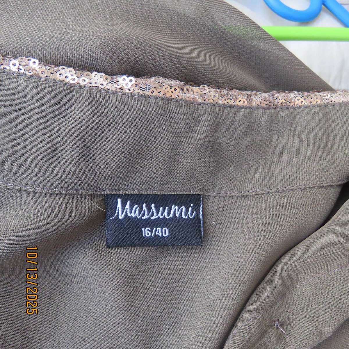 Chocolate brown sheer button down top with sequined collar. Size 40.