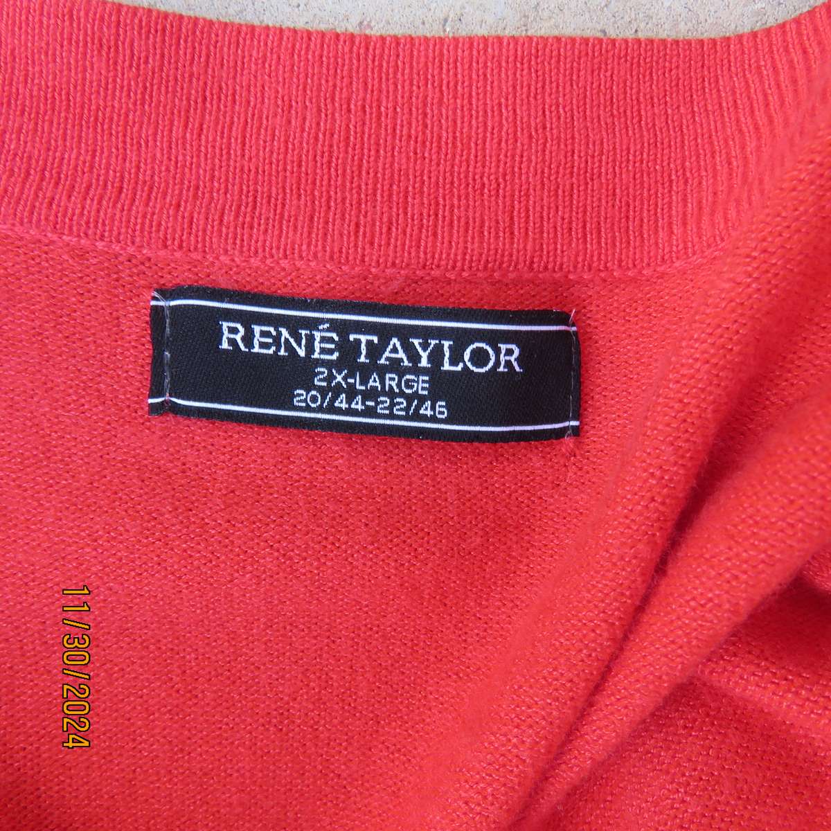 Statement red short sleeve knitted cardi in viscose stretch. Size 44-46.By RENE TAYLOR.As new