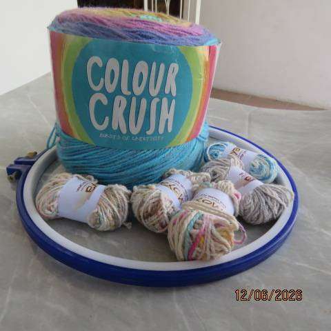 Moya double knit cotton yarn five rolls + Elle colour crush wool 200g + embroidery loop