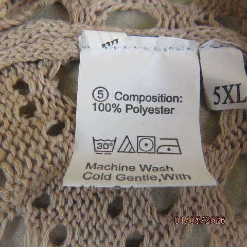Ecru colour loose lace stitch knitted slip-over top in polyester yarn.- Size 48