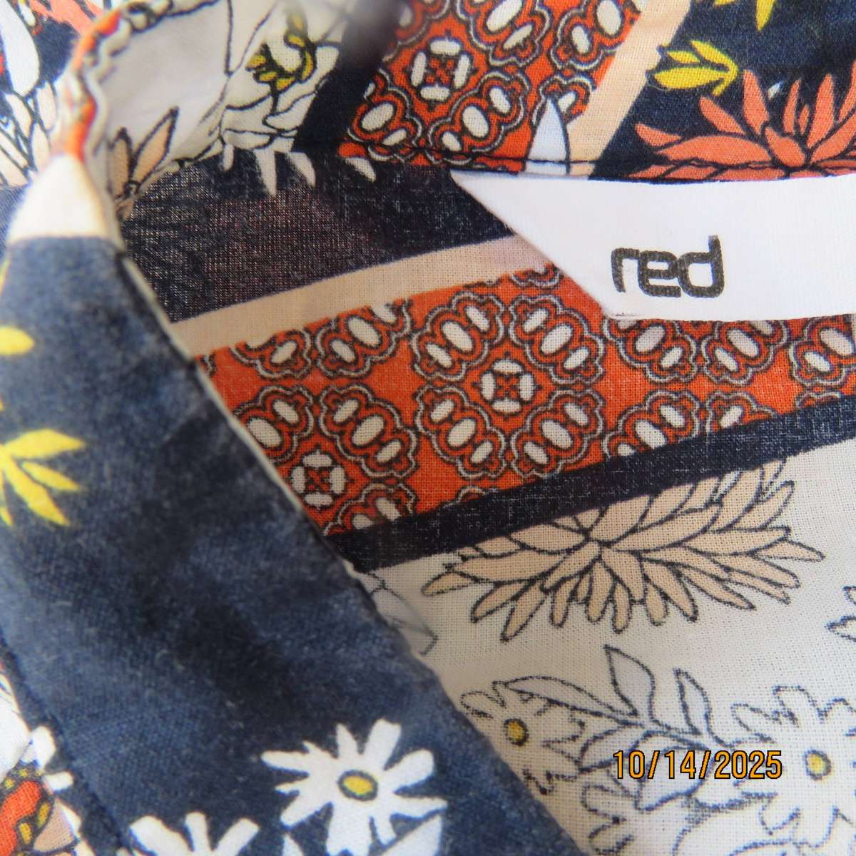 Tiered slip over slip over long sleeve cotton top in peach-navy-blue and yellow. Size 40