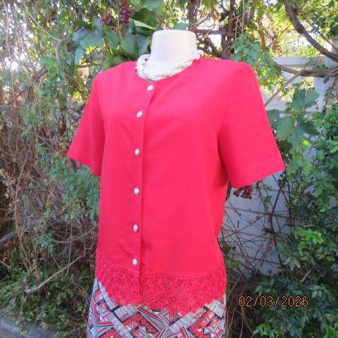 WOOLWORTHS bright red button down short sleeve top with front lace hem. Size 34