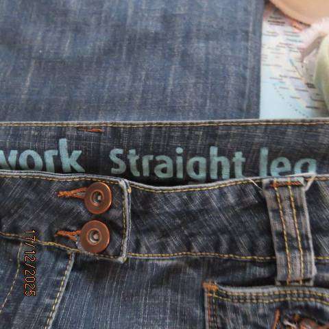 Straight legged blue denim polycotton stretch low rise jeans size 40. As new.