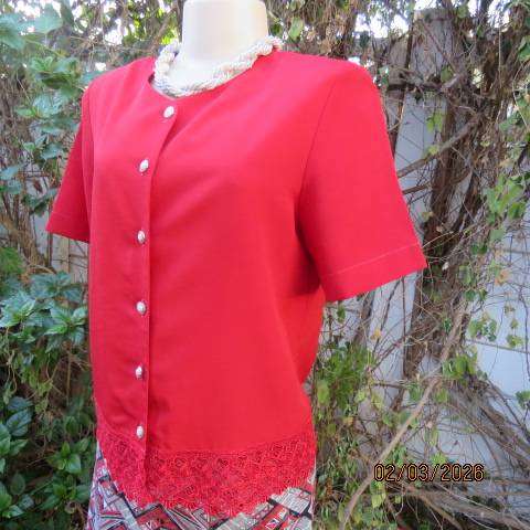 WOOLWORTHS bright red button down short sleeve top with front lace hem. Size 34