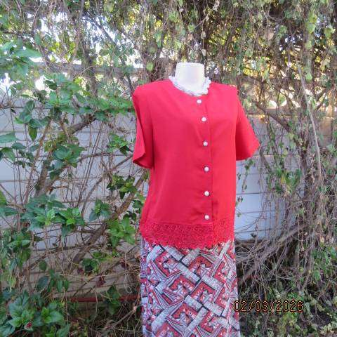 WOOLWORTHS bright red button down short sleeve top with front lace hem. Size 34