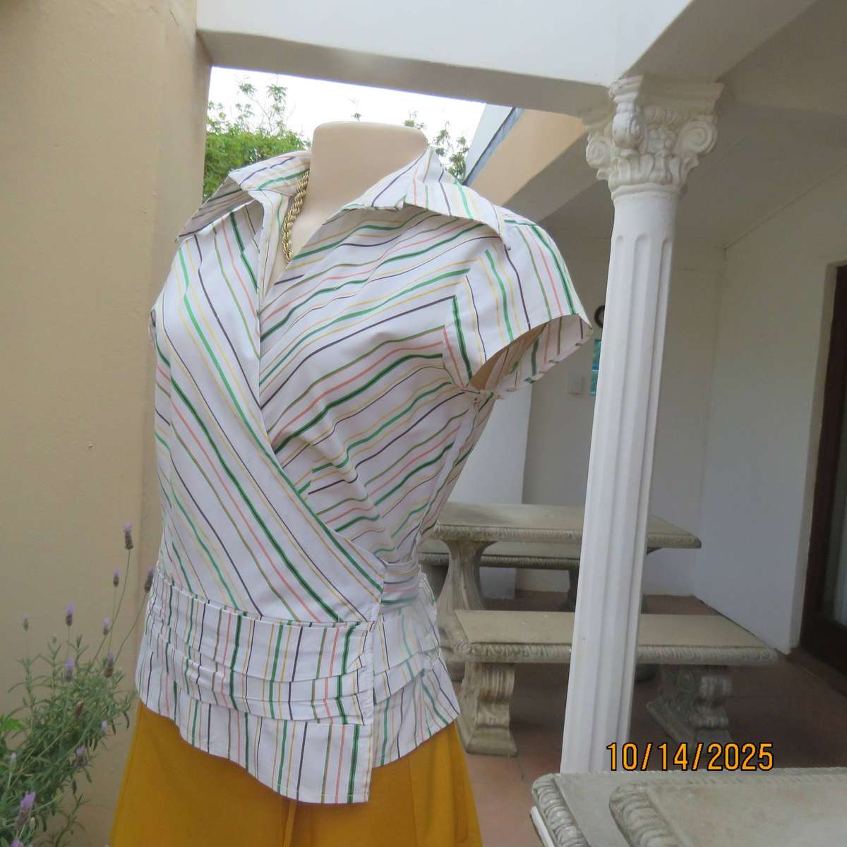 INWEAR white polycotton stretch cross over striped top in size 34