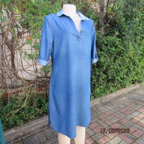 Blue denim shift dress with banded V neckline and side pockets, size 36