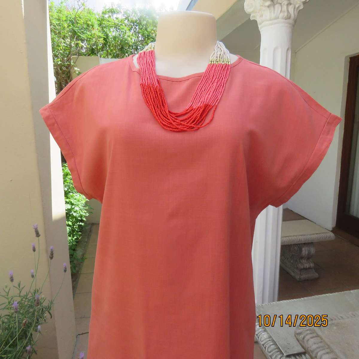 EMERY ROSE maxi shift dress in coral textured cotton. Size 38