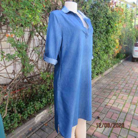 Blue denim shift dress with banded V neckline and side pockets, size 36