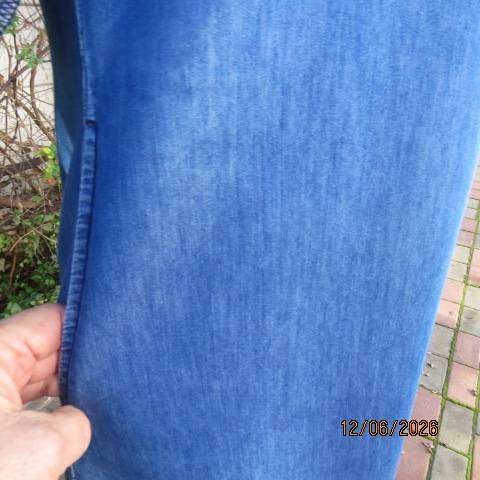 Blue denim shift dress with banded V neckline and side pockets, size 36