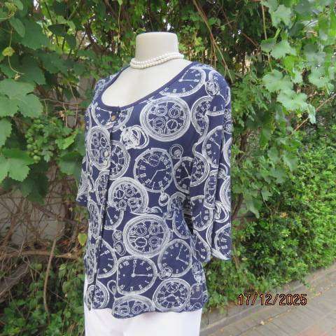 LA LIDA navy polycotton stretch with white clock print button down top. Size 38