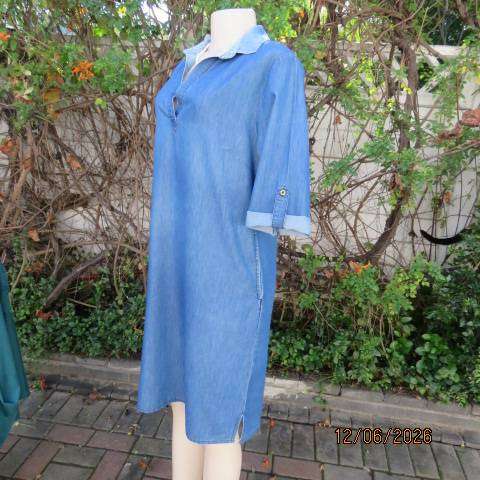 Blue denim shift dress with banded V neckline and side pockets, size 36