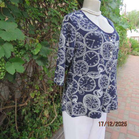 LA LIDA navy polycotton stretch with white clock print button down top. Size 38