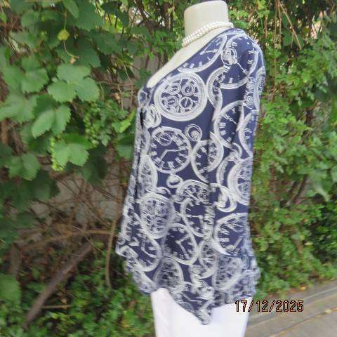 LA LIDA navy polycotton stretch with white clock print button down top. Size 38