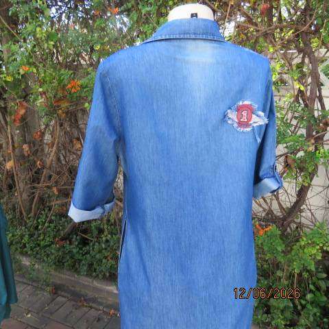 Blue denim shift dress with banded V neckline and side pockets, size 36