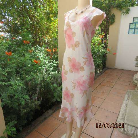 Cream sheer polyester maxi dress with pink and light brown floral print, size 34