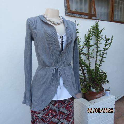 Light grey polyester knit long sleeve open cardigan with drawstring waist, size 36
