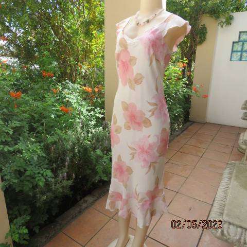 Cream sheer polyester maxi dress with pink and light brown floral print, size 34