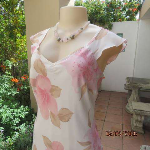 Cream sheer polyester maxi dress with pink and light brown floral print, size 34