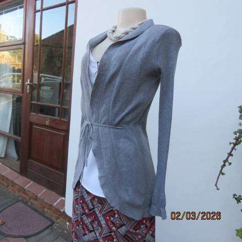 Light grey polyester knit long sleeve open cardigan with drawstring waist, size 36