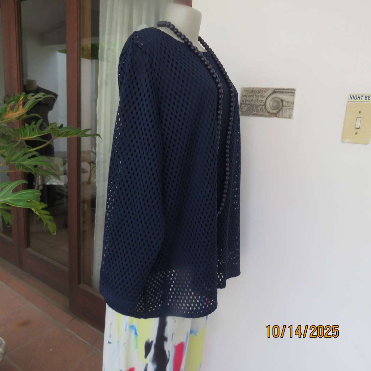 Navy polyester mesh slip over long sleeve top in size 46 to 48.