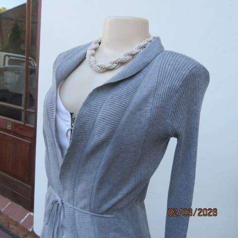 Light grey polyester knit long sleeve open cardigan with drawstring waist, size 36