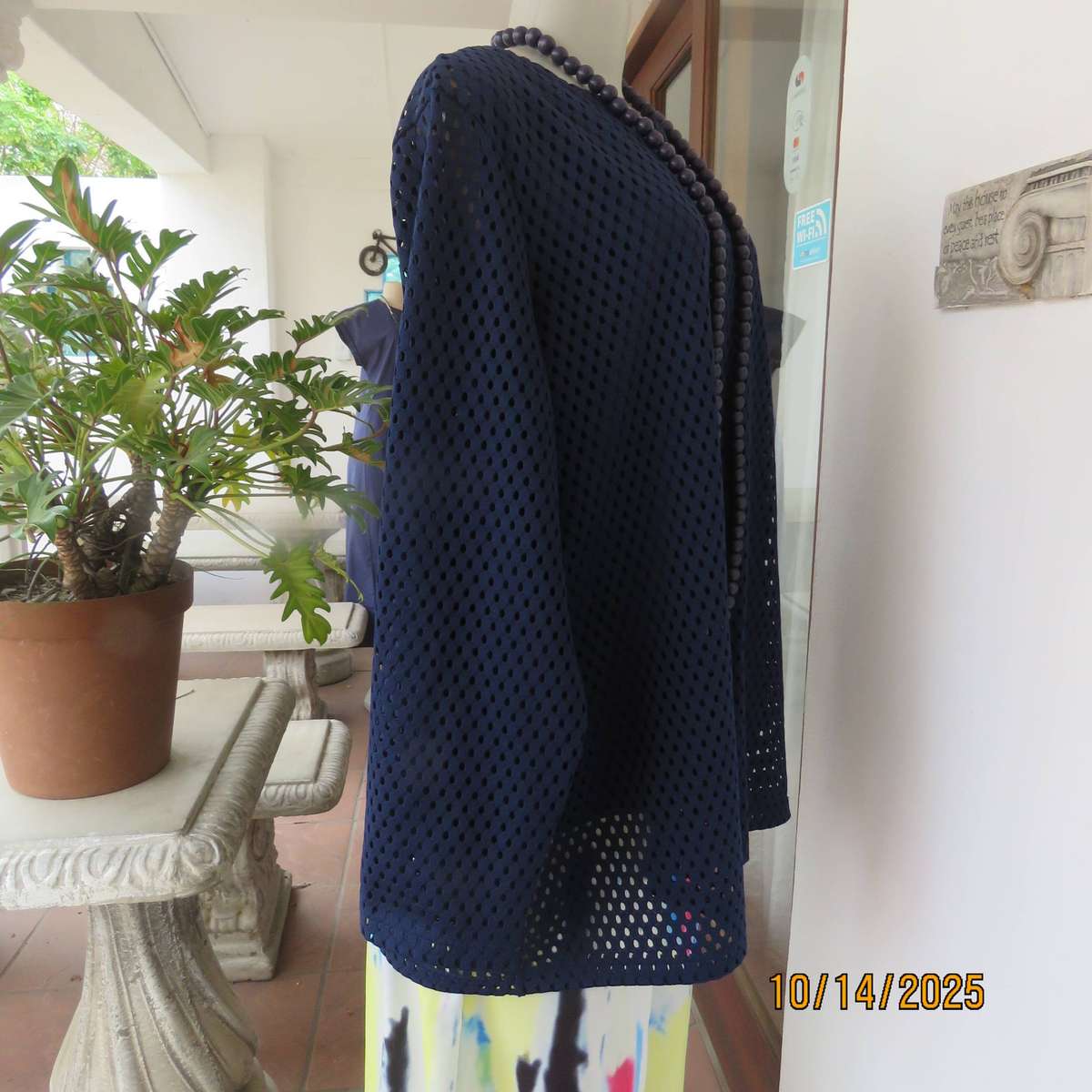 Navy polyester mesh slip over long sleeve top in size 46 to 48.