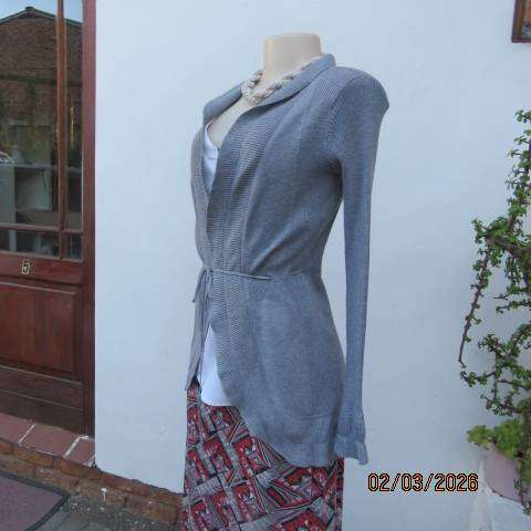 Light grey polyester knit long sleeve open cardigan with drawstring waist, size 36