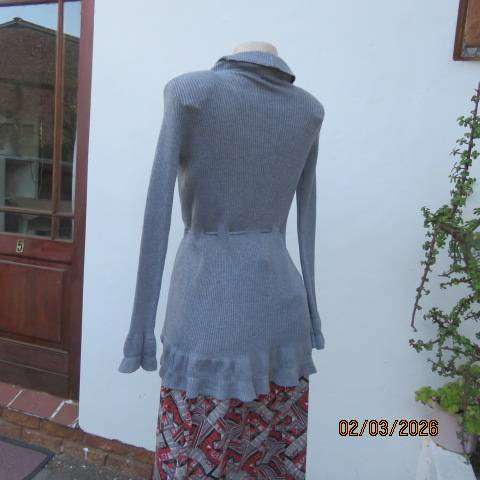 Light grey polyester knit long sleeve open cardigan with drawstring waist, size 36